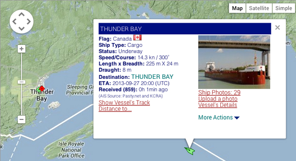 MV Thunder Bay on Ship Map