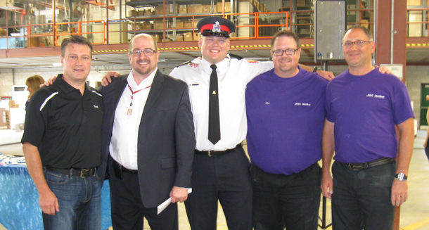 (L to R): Tbaytel interim president and CEO Dan Topatigh; Canadian Red Cross of Thunder Bay district branch manager Robert Kilgour, Thunder Bay Police Youth Corps commanding officer Ryan Gibson; Tbaytel Joint Health and Safety committee members Joe Woodgate and Rob Popien.