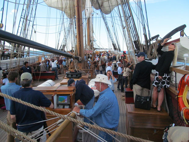 Passengers onboard the 198-foot brig Niagara during the Parade of Sail in Erie, Penn.  (photo courtesy of Tall Ships America)