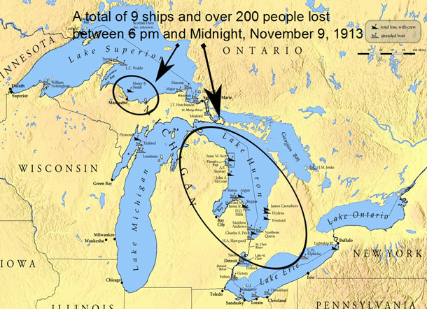 A total of nine ships and over 200 people were lost during the White Hurricane - the largest inland maritime disaster in U.S. history.