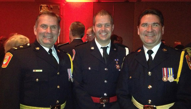 Chief J.P. Levesque and Deputy Chief Andy Hay were on hand when Cst. Armstrong Received his medal