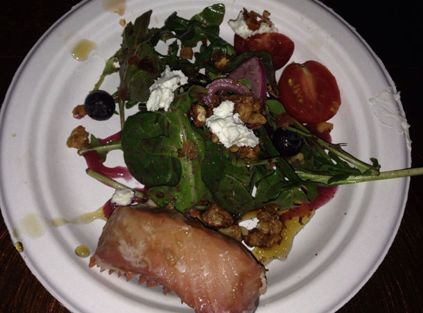 Jack Daniels Smoked Salmon with a arugula, chevre and a blueberry salad