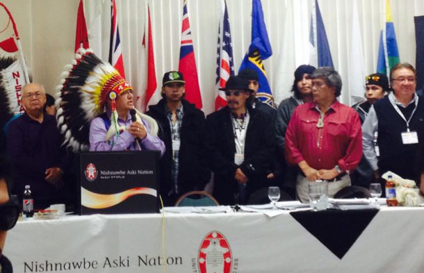 NAN Education Declaration with DFC and Matawa Students standing with NAN leadership - Photo by Clyde Brandon Moonias