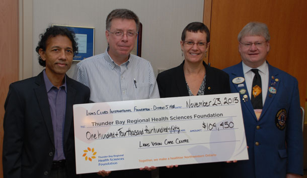 The Lions Vision Care Centre of the Thunder Bay Regional Health Sciences Centre graciously accepts a $104,450 gift from Lions Club District 5M10 and Lions Clubs International Foundation to support the purchase of a new Lumenis Vision One Multi-Colour Laser System. Pictured, from left to right, are: Dr. Leland Dhurjon, Ophthalmologist, TBRHSC; Dr. Blair Schoales, Ophthalmologist, TBRHSC; Angela Sharbot, Chair, Lions Clubs Foundation of Manitoba & Northwestern Ontario; Larry Winner, Governor, Lions Club District 5M10.