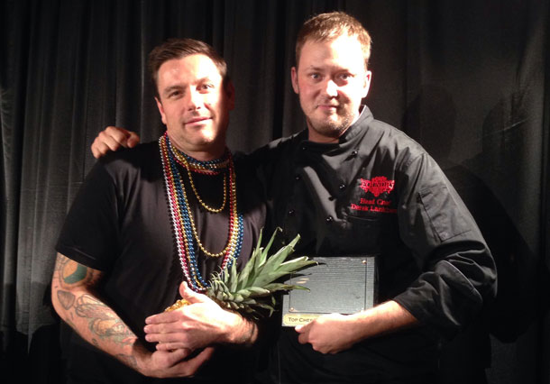 Chuck Hughes congratulating Foundry's Derek Lankinen after being awarded Top Chef 2013