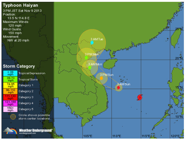 Typhoon Haiyan tracking across Philippines and headed to Vietnam