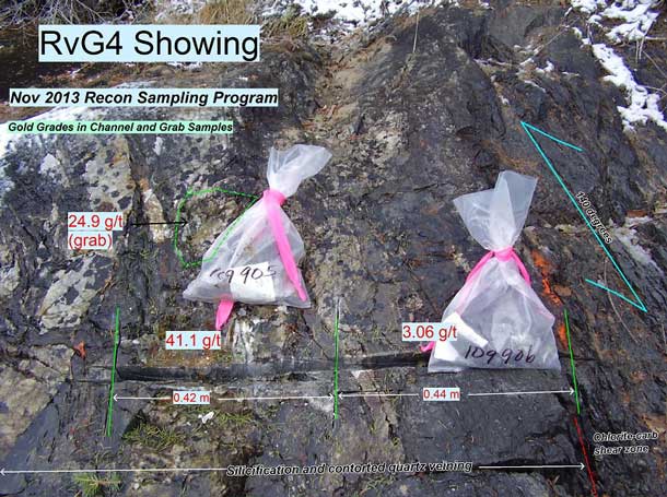 Three samples were cut across the same zone a few metres to the southeast. One sample graded 53.8 g/t and combined with channel results from the summer program gives a composite assay of 12.35 g/t over 1.86 metres.