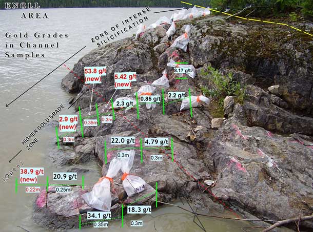 New Zone-Individual channels assay up to 41.1 g/t Au with one grab sample assaying 24.9 g/t Au; located 500 metres northwest of Knoll Zone