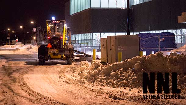 Massive snow banks from the snow along Justice Avenue in the Fort William Business District