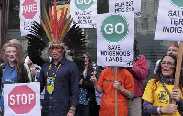 Nixiwaka fronted a Survival protest against Brazil's onslaught against indigenous peoples' constitutional rights.  © Survival