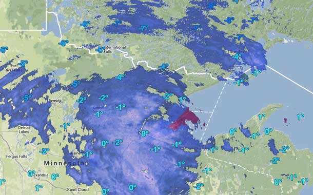 Weather map showing storm system nearing Thunder Bay