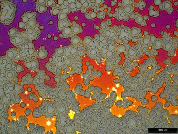 This is an optical microscope image of a copper film mostly destroyed during graphene growth. What was a continuous copper film has decomposed into grey areas of bare sapphire, rings and irregular patches of copper that appear in a rainbow of colors due to oxidation, and small star-shaped islands of graphene, which appear bright because the graphene protects the copper from oxidation. Image Credit: David L. Miller, NIST