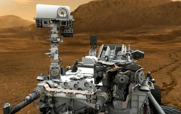 This artist concept features NASA's Mars Science Laboratory Curiosity rover, a mobile robot for investigating Mars' past or present ability to sustain microbial life. In this picture, the mast, or rover's 