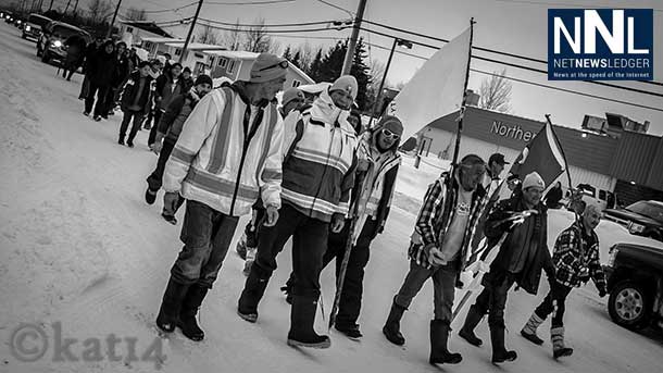 Photo of the Walkers as they journeyed through Moosenee - Image Chris Kat