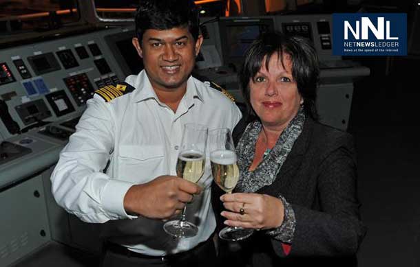 Captain Vijayendra Gurukant Chodankar and Ms Sylvie Vachon, President and CEO of Montreal Port Authority. Captain Chodankar will be awarded the 2014 Gold-Headed Cane on January 3 during an official ceremony to be held at Montreal Port Authority Headquarters. - Photo Montreal Port Authority