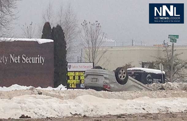 Thunder Bay streets are slippery. In this instance on Memorial Avenue the car skidded and then flipped over after hitting a snowbank.