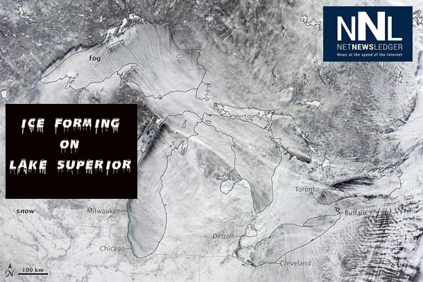 MODIS / NASA image showing the Great Lakes and the impact of the Arctic Vortex forming fog over the lakes.