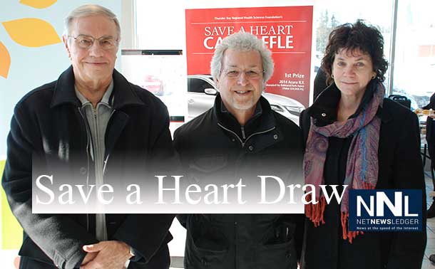 The 2014 Balmoral Park Acura Save a Heart Car Raffle winners, pictured from left to right are: Ed Kauzlarich, third prize winner of a Samsung Home Entertainment Package, donated by The Power Centre; Ted Kolisnyk, grand prize winner of a 2014 Acura ILX, donated by Balmoral Park Acura; and Linda Bell, second prize winner of the 2 return trips to any Porter Airlines scheduled destination, donated by Porter Airlines. This year's raffle raised $41,270.07 for the Northern Cardiac Fund to ensure patients have world-class cardiac care close to home.