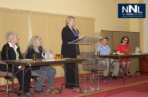 NDP Leader Andrea Horwath speaking to crowd at Lakehead Labour Centre.