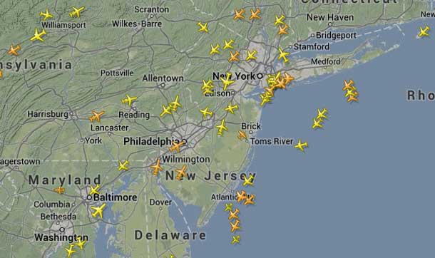 Skies over New York and Boston are usually full of aircraft. Today skies are far quieter.