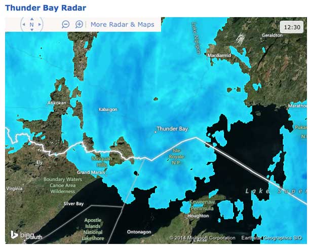 Radar Image at 12"30PM Feb 21 2014 shows Thunder Bay is not over the storm yet.