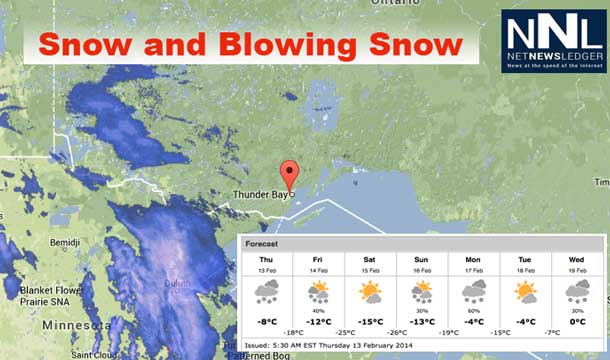 10-15 cm of snow are in the forecast for Thunder Bay over the next 36 hours.