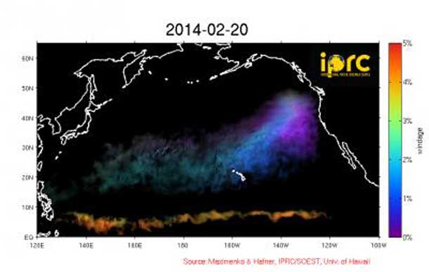 This is an image of location of different types of tsunami driftage on Feb. 20, 2014. Orange regions show where items of high boyancy, or high windage, may be found. Dark blue to purple show regions where objects of low windage, lying low in the water may be found