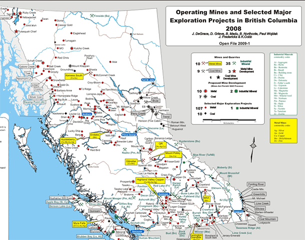 British Columbia mining map showing mineral deposits.