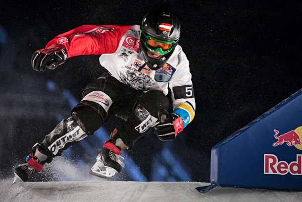 Marco Dallago of Austria performs during the finals of the Red Bull Crashed Ice, the last stop of the Ice Cross Downhill World Championship in Quebec, Canada on March 22, 2014.