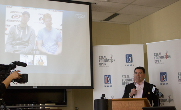 Scott Smith and Eric and Jordan Staal on Skype at the media event in Thunder Bay today.