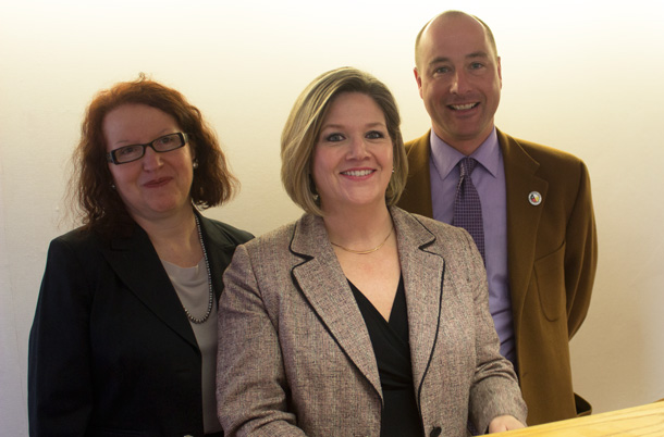 Andrea Horwath flanked by Mary Kozorys and Andrew Foulds talks about the Ontario Budget