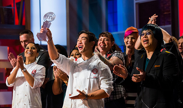 Eric Chong of Oakville, Ont. is the first-ever winner of MASTERCHEF CANADA, with runner up Marida Mohammed (far left) and judge Alvin Leung (far right).