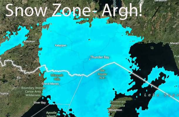 Weather Radar shows Thunder Bay in the middle of the snow zone.