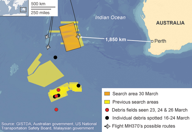 Search area for Malaysia Airlines MH370 - Since March 8 there has been no sign of the Boeing 777