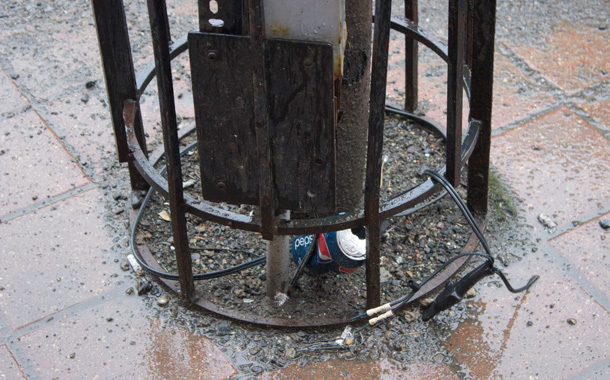 Wires and the cages around trees in the downtown Fort William Business District near the new Court House