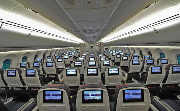 Economy cabin aboard the Air Canada Dreamliner