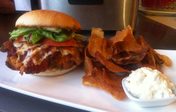 Famous Chicken Parmesan Sandwich with home-made potato chips