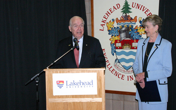 Dr. Derek Burney and his wife Joan announced the $150,000 contribution they made to Lakehead University's Centre of Excellence for Sustainable Mining and Exploration