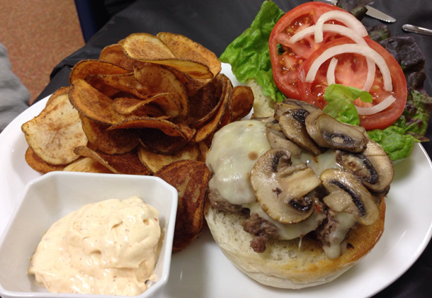 Mushroom and Swiss Burger with home-made potatoes