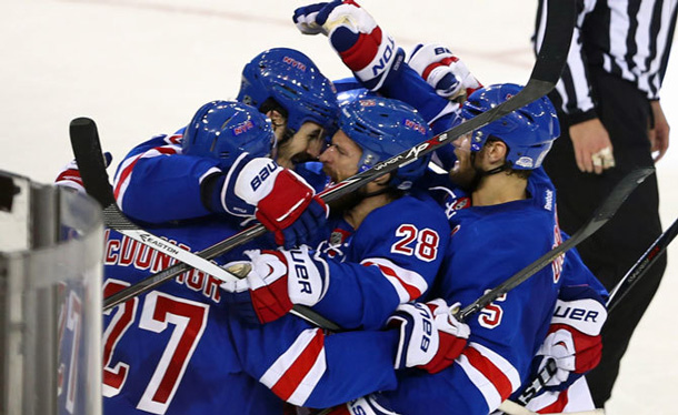 New York Rangers celebrate after topping Montreal 1-0. NHL Photo