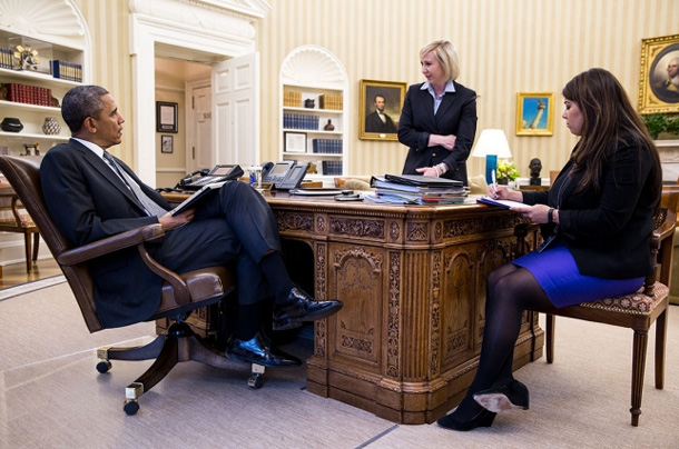 President Barack Obama meets with Anita Decker, Deputy Chief of Staff for Operations, and Personal Secretary Ferial Govashiri in the Oval Office, May 5, 2014. (Official White House Photo by Pete Souza)