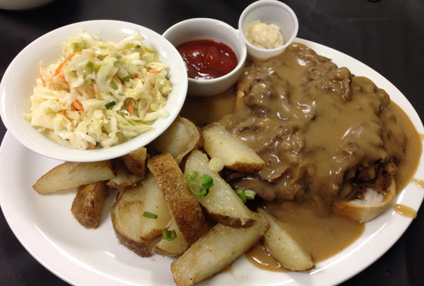 Prime Rib Dinner with potatoes and coleslaw