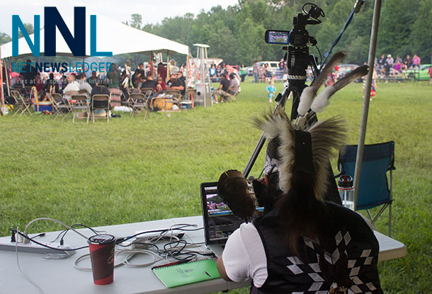 Munzeroy spent sometime away from Grass Dancing to learn more about how the Livestream works at the Fort William First Nation Pow Wow