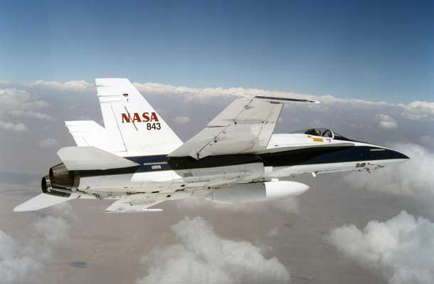 ASA F/A-18 mission support aircraft were used to create low-intensity sonic booms during a resaerch project at the agency's Armstrong Flight Research Center in Edwards, California. The Waveforms and Sonic boom Perception and Response, or WSPR, project gathered data from a select group of more than 100 volunteer Edwards Air Force Base residents on their individual attitudes toward sonic booms produced by aircraft in supersonic flight over Edwards. Image Credit: NASA/Jim Ross