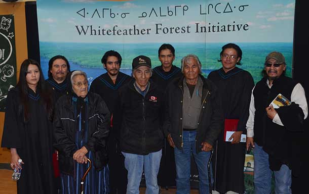 Pikangikum Graduates with Elders Lucy Strang, Gideon Peters and Tom Quill Sr. and Chief Paddy Peters