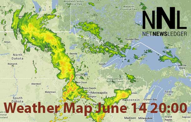 Weather Map at 20:00EDT on June 14 showing the low pressure system from Minnesota that is headed to Northwestern Ontario