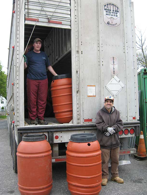 Murray and Justin from the Monte Parks Centre Employment Opportunities program unload a truck full of rain barrels for EcoSuperior. “It’s one non-profit organization helping another,” says EcoSuperior executive director Ellen Mortfield. “The Monte Parks folks are a great resource when we need some help.” 