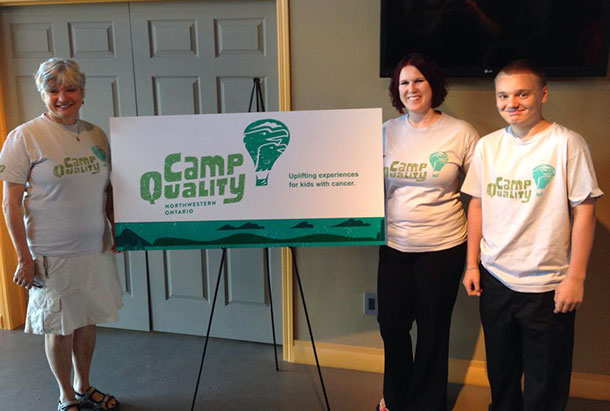 Clara Butikofer, President of the Camp Quality Canada Board of Directors; Ashleigh Quarrell, Director of Camp Quality Northwestern Ontario and Braeden Fediuk, cancer survivor and Camp Quality camper, celebrate 13 years of uplifting experiences for kids with cancer and the launch of the new Camp Quality brand.