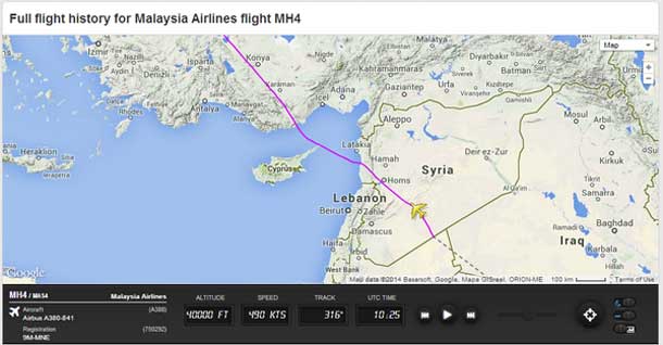 Flightradar24 Tweeted the flight path of a Malaysian Airlines passenger jet over Syrian Airspace