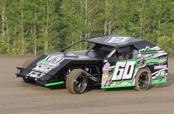 #60 Chuck Lambert did everything he could to hold back Christopher Leek for the win in the WISSOTA Midwest Modifieds